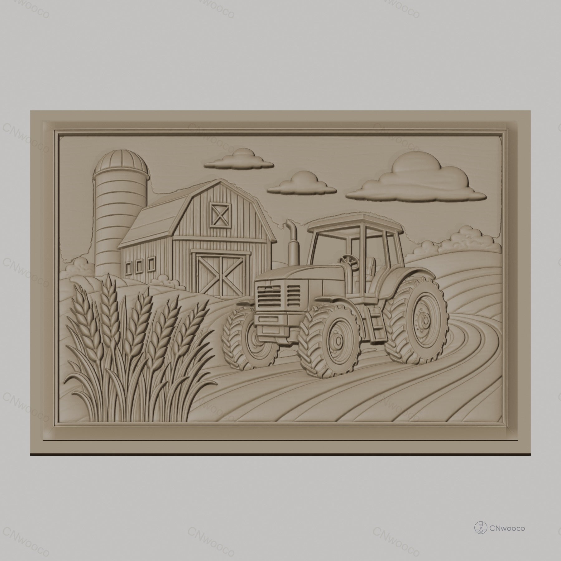Fichier CNC & impression 3D ferme avec tracteur et silo, champ de blé, haute qualité relief STL