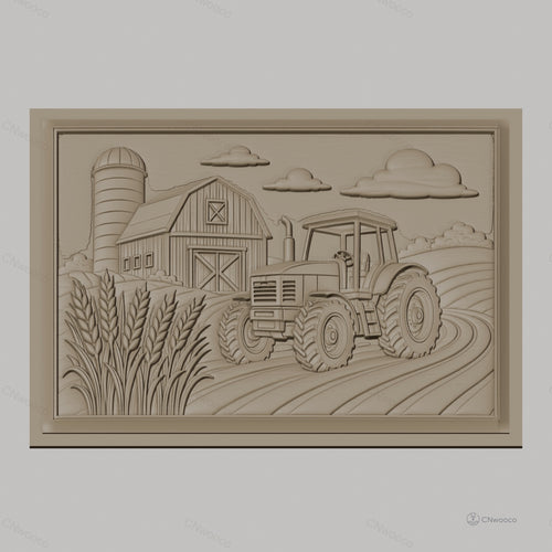 Fichier CNC & impression 3D ferme avec tracteur et silo, champ de blé, haute qualité relief STL