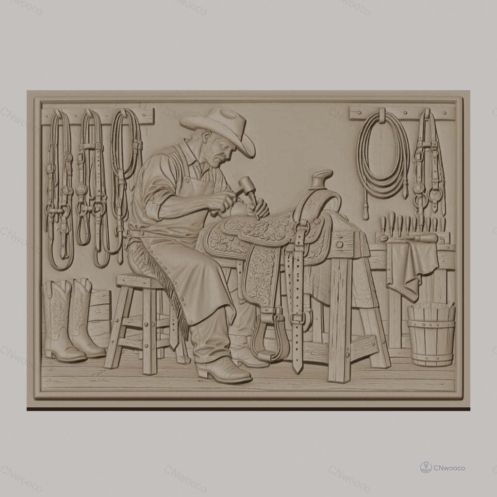 Fichier CNC & impression 3D artiste sellier, cowboy, selle et outils, haute qualité relief STL