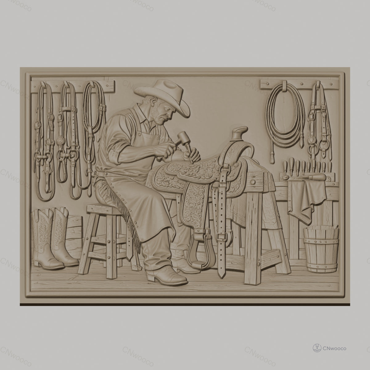 Fichier CNC & impression 3D artiste sellier, cowboy, selle et outils, haute qualité relief STL