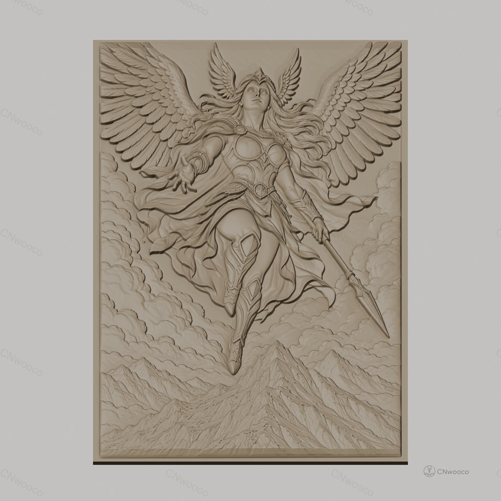 Fichier CNC & impression 3D Valkyrie guerrière ailée, montagnes et nuages, haute qualité relief STL
