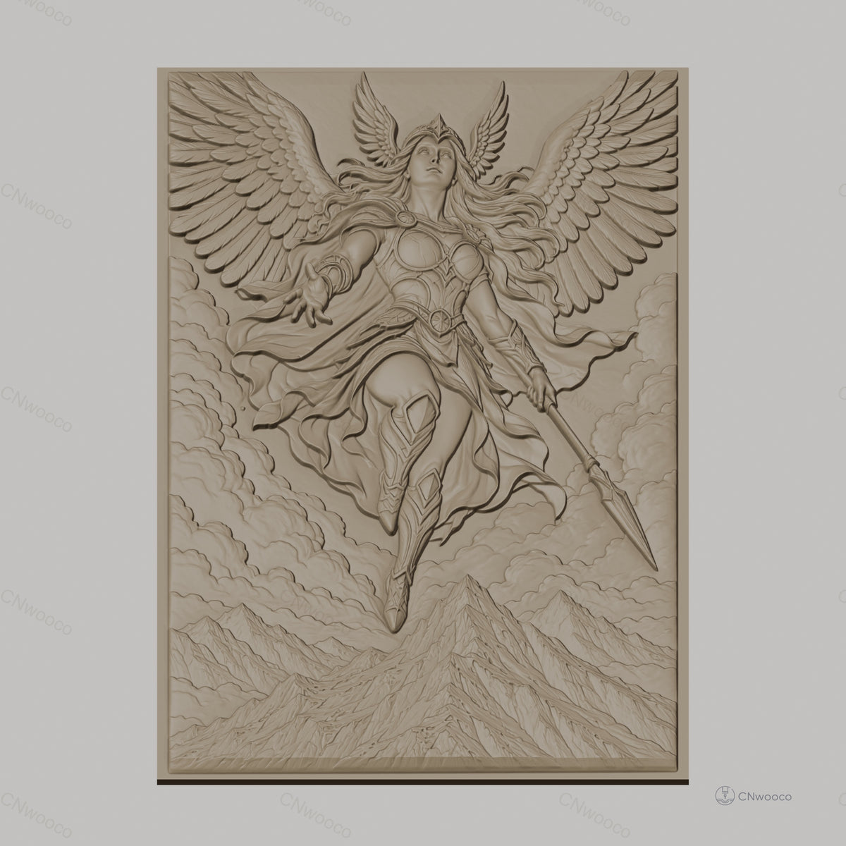 Fichier CNC & impression 3D Valkyrie guerrière ailée, montagnes et nuages, haute qualité relief STL