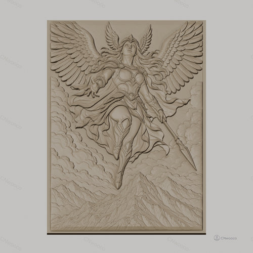 Fichier CNC & impression 3D Valkyrie guerrière ailée, montagnes et nuages, haute qualité relief STL