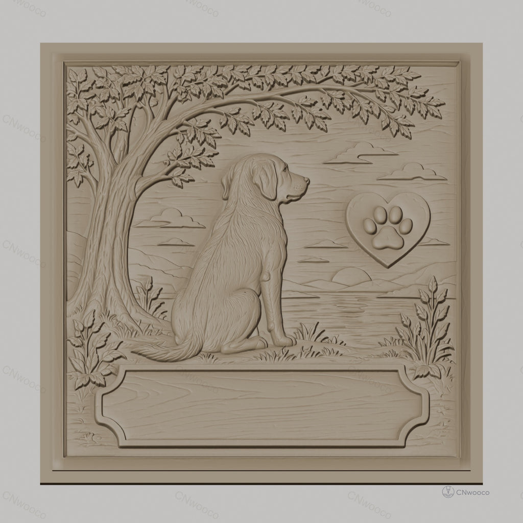 Fichier CNC & impression 3D chien assis, arbre, paysage et patte en cœur, haute qualité relief STL