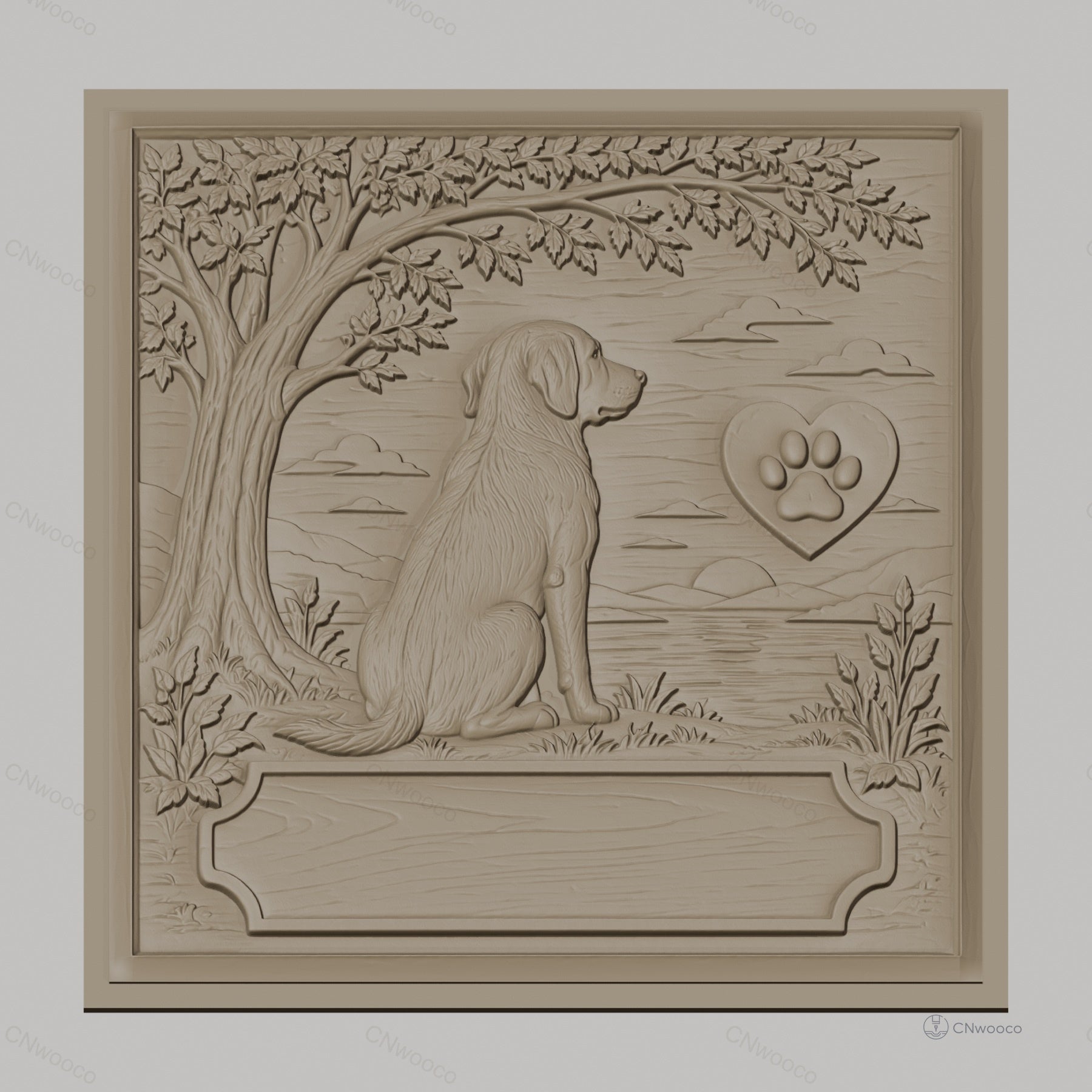 Fichier CNC & impression 3D chien assis, arbre, paysage et patte en cœur, haute qualité relief STL