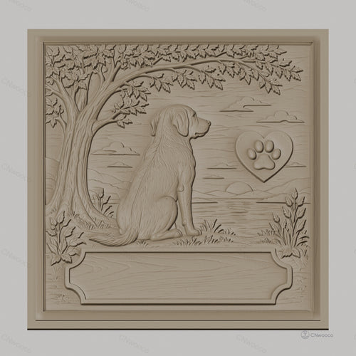 Fichier CNC & impression 3D chien assis, arbre, paysage et patte en cœur, haute qualité relief STL