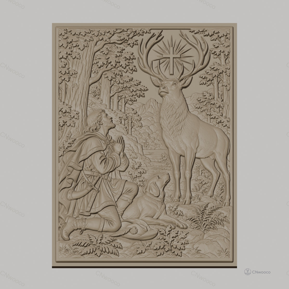 Fichier CNC & impression 3D Saint Hubert, cerf avec croix lumineuse et chasseur en prière, haute qualité relief STL
