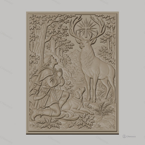 Fichier CNC & impression 3D Saint Hubert, cerf avec croix lumineuse et chasseur en prière, haute qualité relief STL