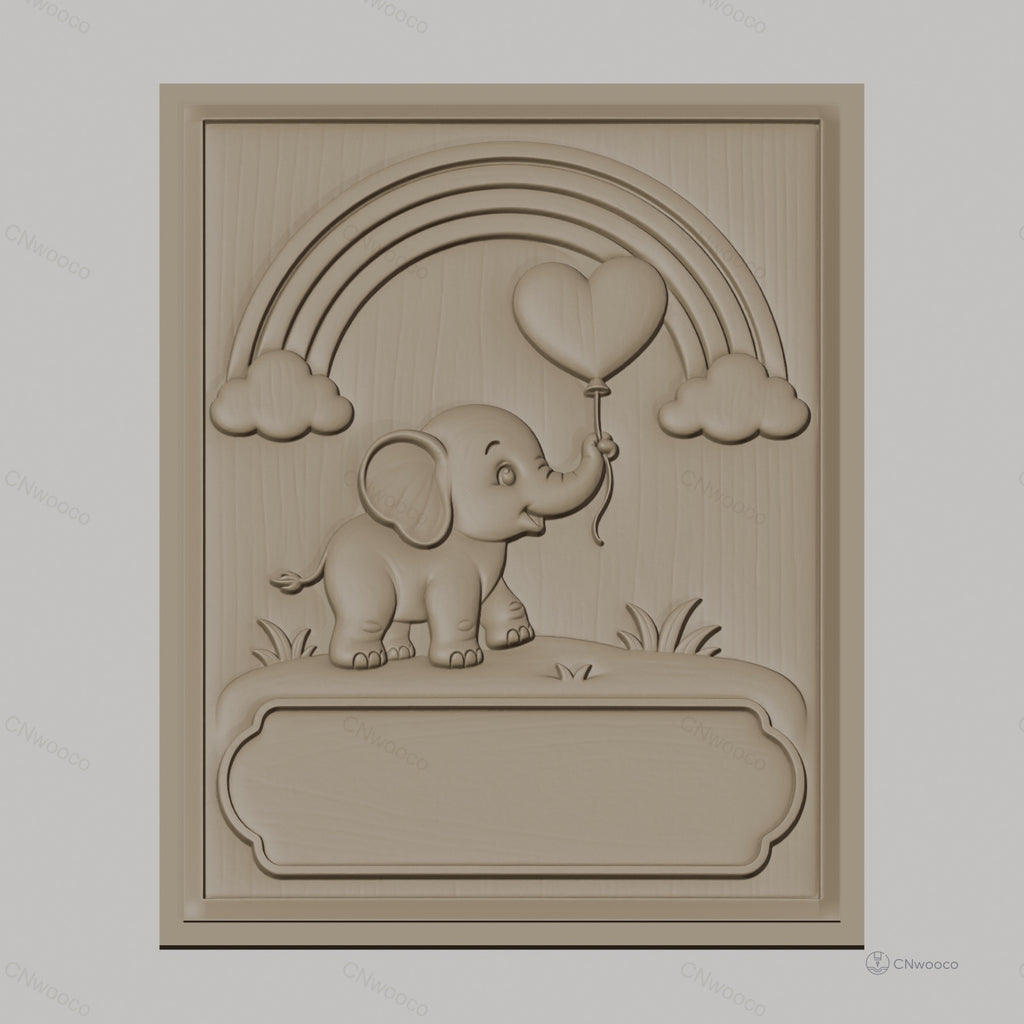 Fichier CNC & impression 3D éléphant bébé, ballon cœur, arc-en-ciel, nuages, relief pour chambre d'enfant, haute qualité relief STL