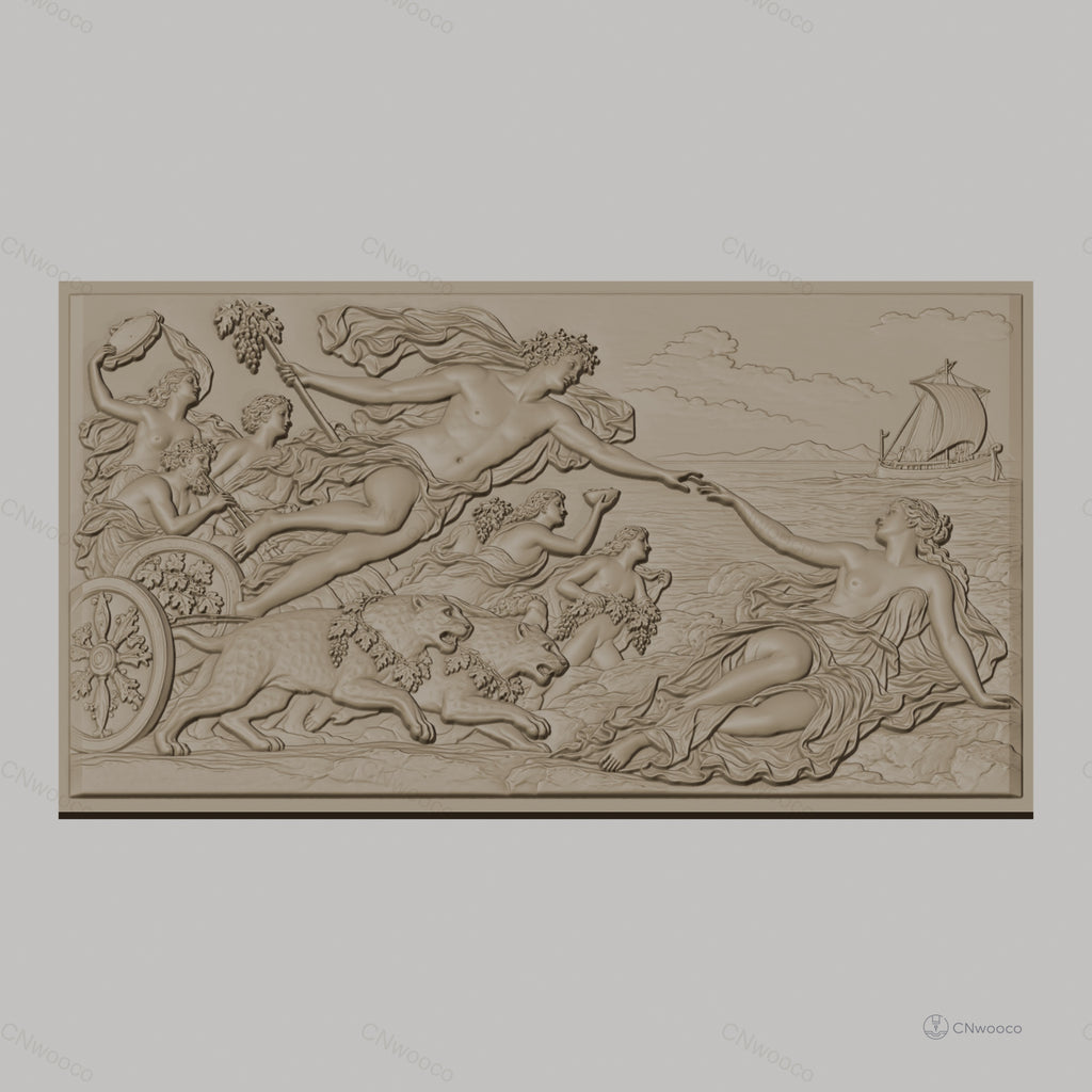 Fichier CNC & impression 3D scène mythologique Apollon et déesse, chars, léopards et bateau, haute qualité relief STL