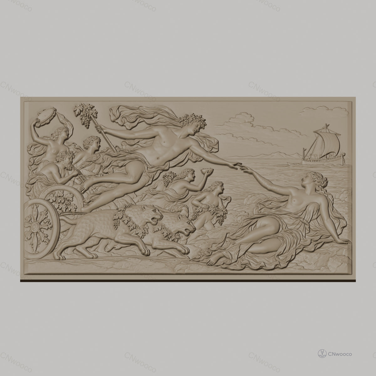 Fichier CNC & impression 3D scène mythologique Apollon et déesse, chars, léopards et bateau, haute qualité relief STL