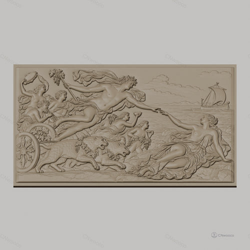 Fichier CNC & impression 3D scène mythologique Apollon et déesse, chars, léopards et bateau, haute qualité relief STL