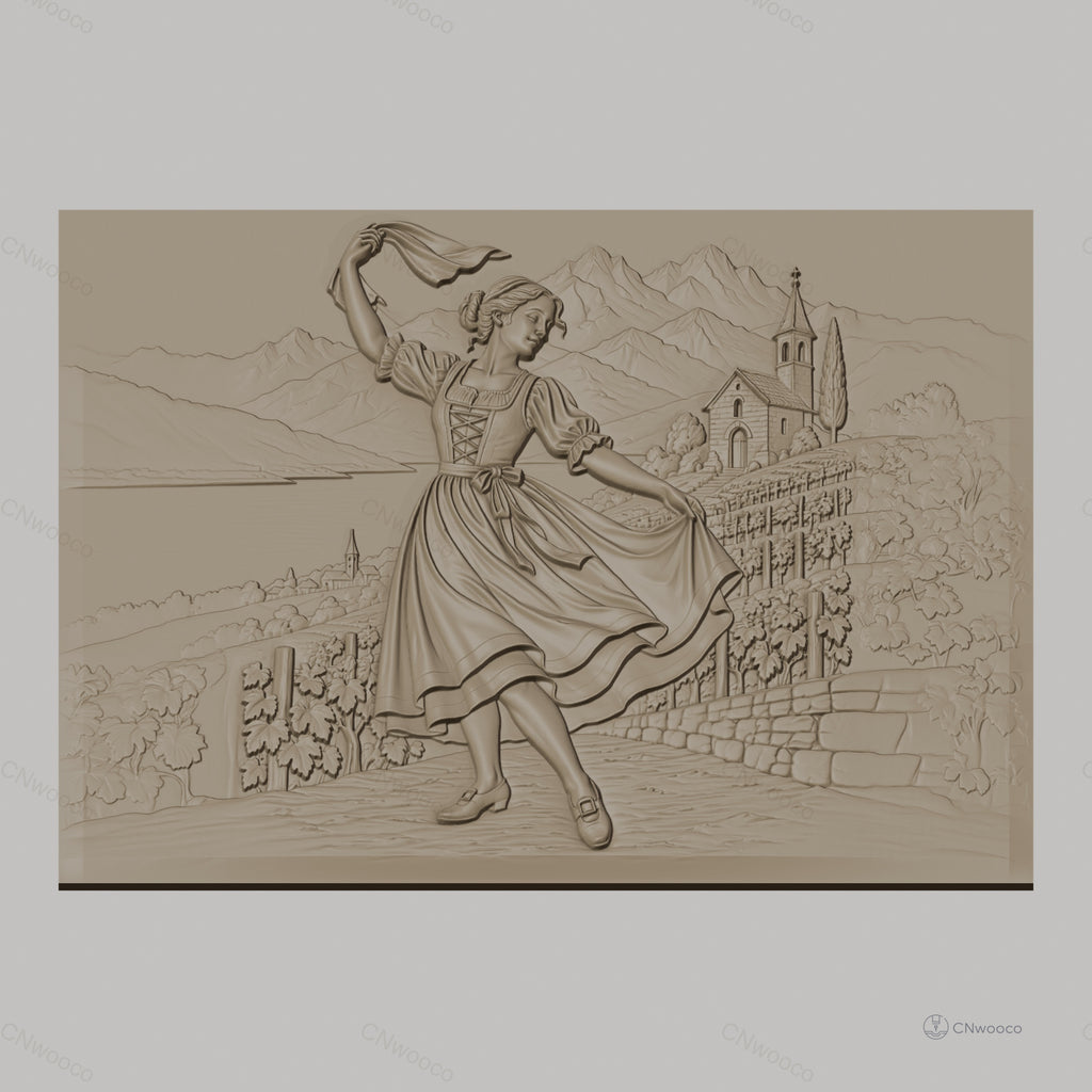 Fichier CNC & impression 3D danseuse folklorique, village, rangées de vigne, montagnes, haute qualité relief STL