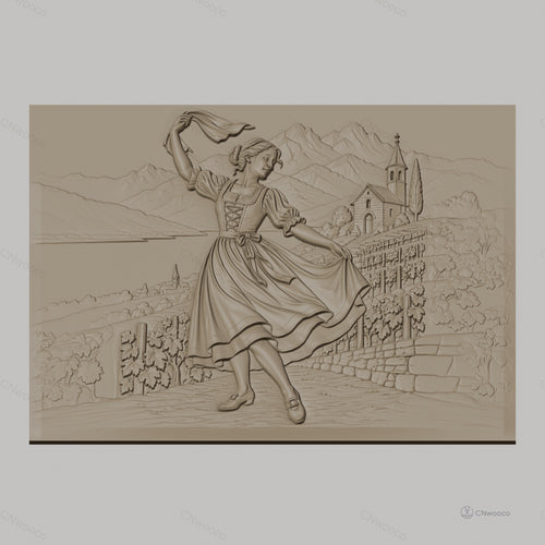 Fichier CNC & impression 3D danseuse folklorique, village, rangées de vigne, montagnes, haute qualité relief STL