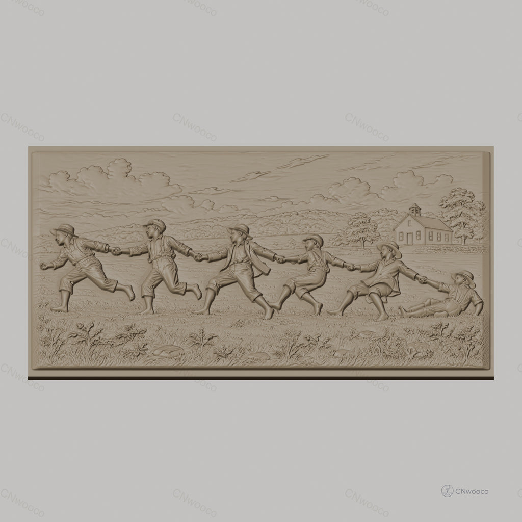 Fichier CNC & impression 3D enfants jouant à la corde, paysage rural avec maison, haute qualité relief STL