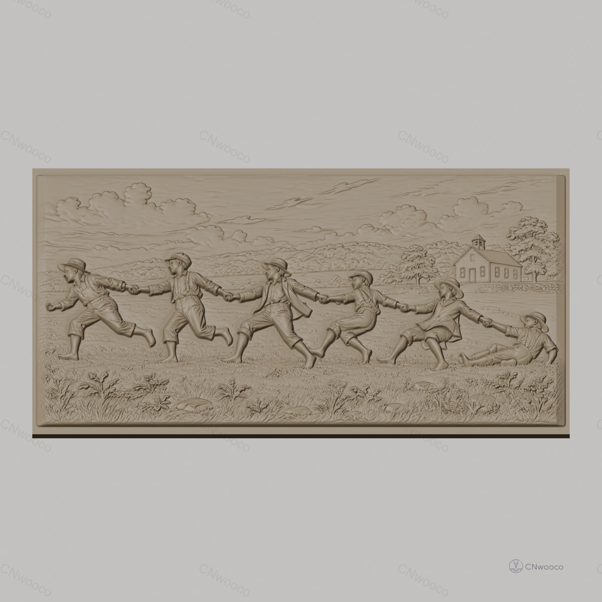 Fichier CNC & impression 3D enfants jouant à la corde, paysage rural avec maison, haute qualité relief STL
