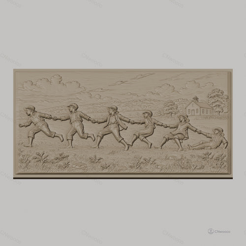 Fichier CNC & impression 3D enfants jouant à la corde, paysage rural avec maison, haute qualité relief STL
