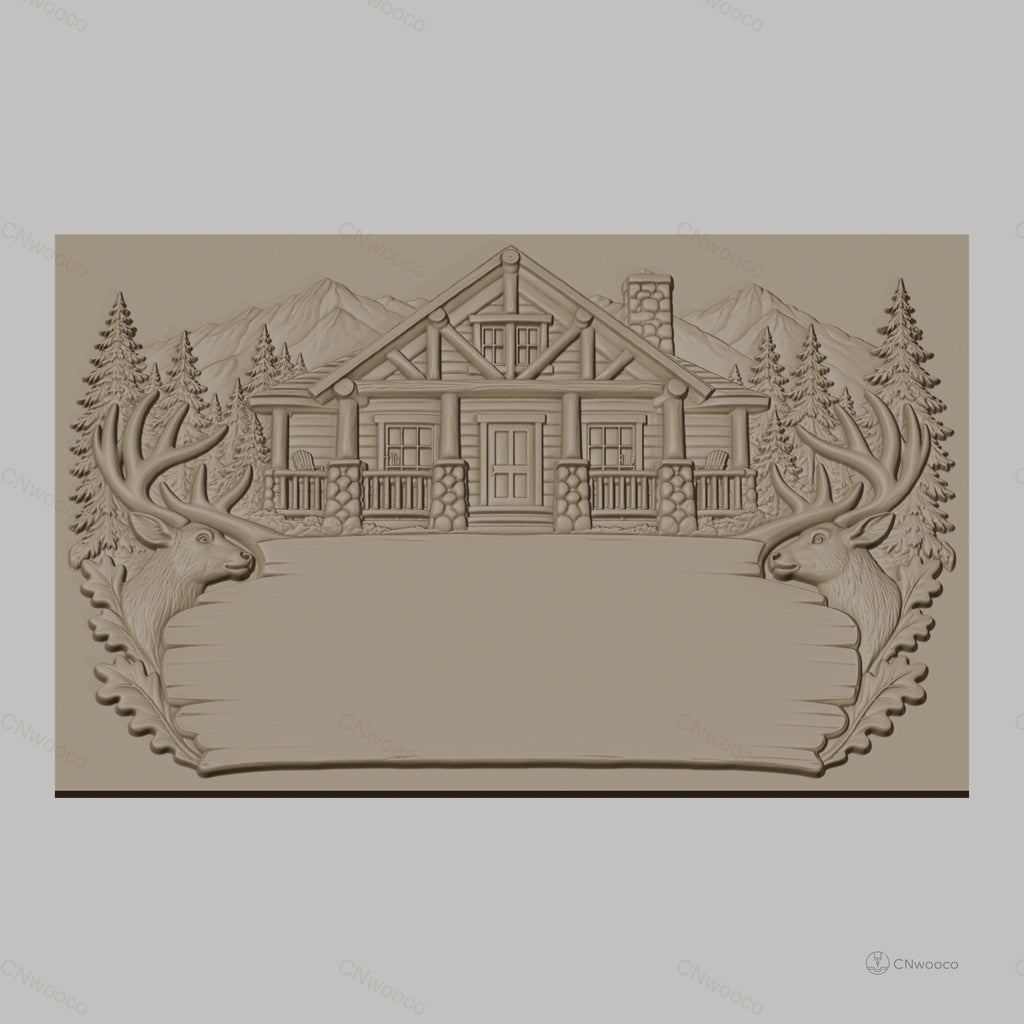Fichier CNC & impression 3D chalet en bois, têtes de cerf, sapins, montagnes, haute qualité relief STL
