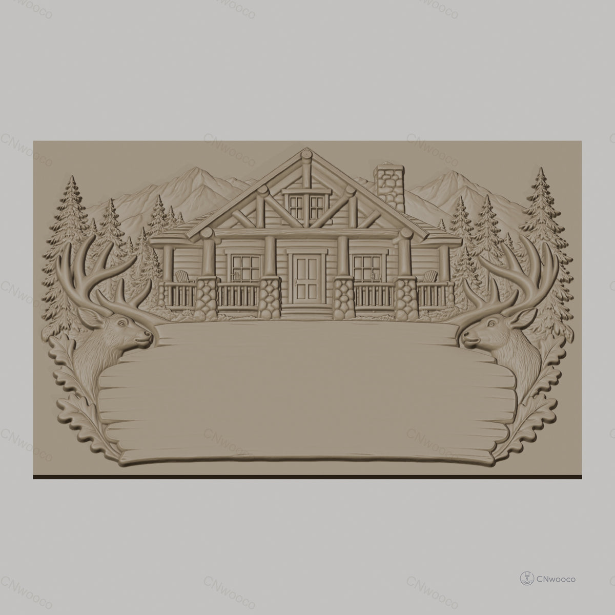 Fichier CNC & impression 3D chalet en bois, têtes de cerf, sapins, montagnes, haute qualité relief STL