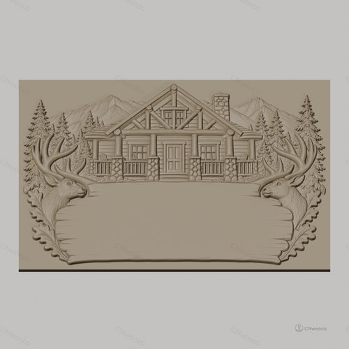 Fichier CNC & impression 3D chalet en bois, têtes de cerf, sapins, montagnes, haute qualité relief STL