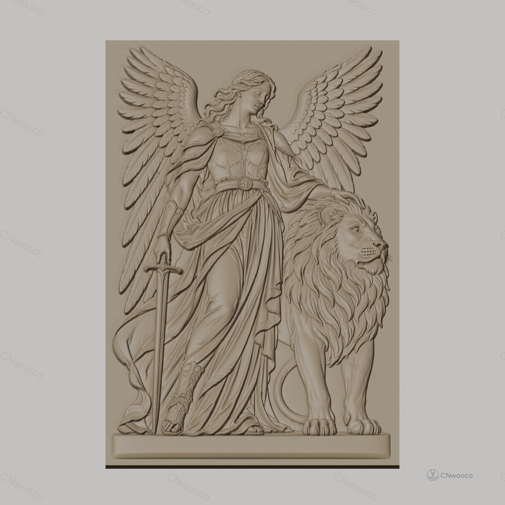 Fichier CNC & impression 3D ange guerrier avec épée et lion, haute qualité relief STL