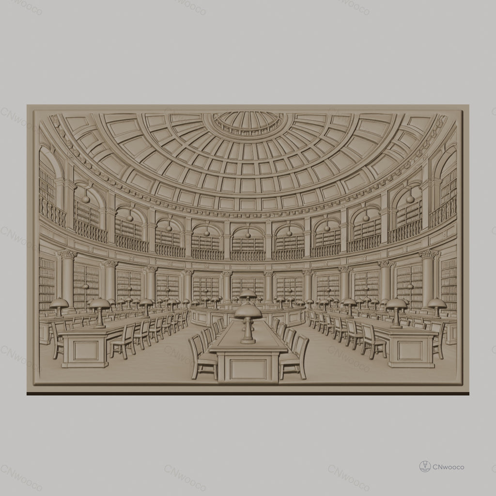 Fichier CNC & impression 3D bibliothèque classique, salle de lecture avec tables et lampes, haute qualité relief STL