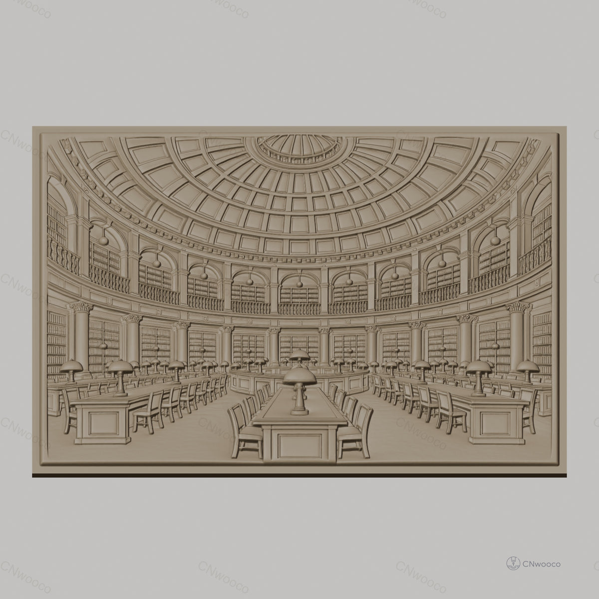 Fichier CNC & impression 3D bibliothèque classique, salle de lecture avec tables et lampes, haute qualité relief STL