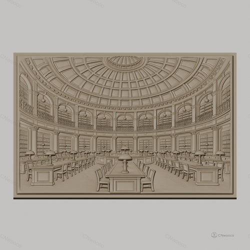 Fichier CNC & impression 3D bibliothèque classique, salle de lecture avec tables et lampes, haute qualité relief STL