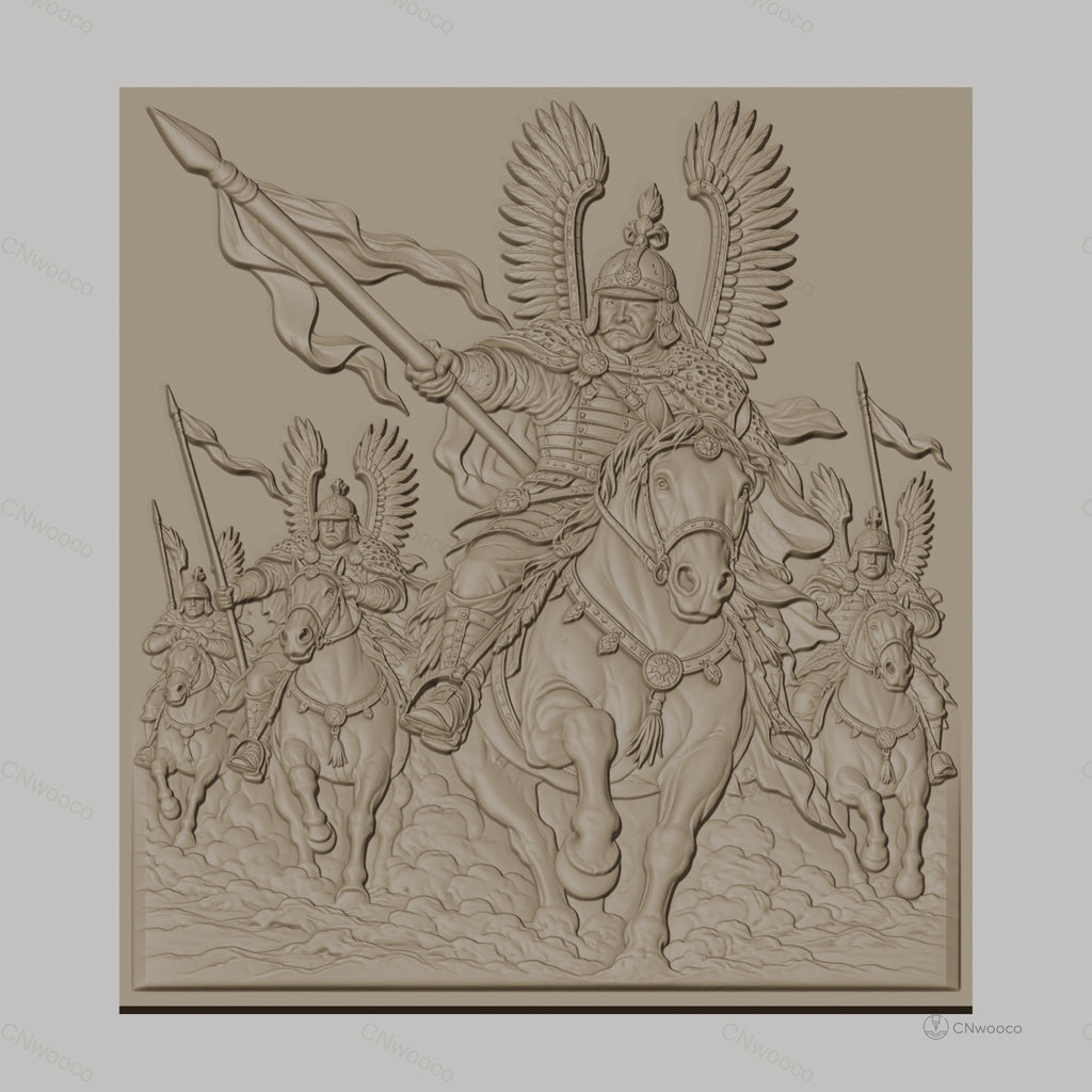 Fichier CNC & impression 3D cavaliers ailés en armure, chevaux en bataille, haute qualité relief STL