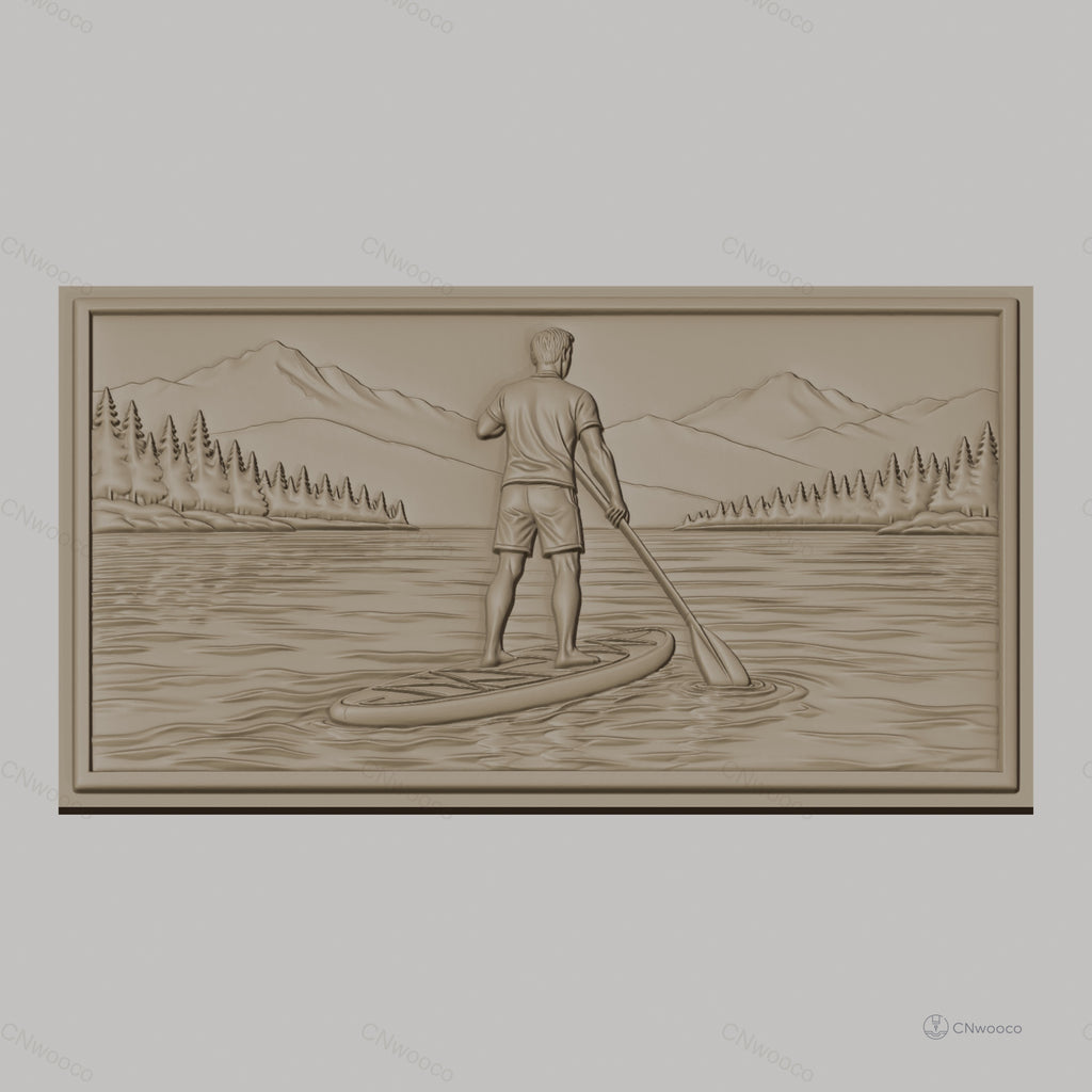 Fichier CNC & impression 3D paddle boarder sur lac avec montagnes et forêt, haute qualité relief STL