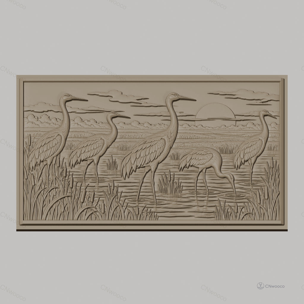 Fichier CNC & impression 3D hérons au coucher de soleil, paysage marécage relief, haute qualité relief STL