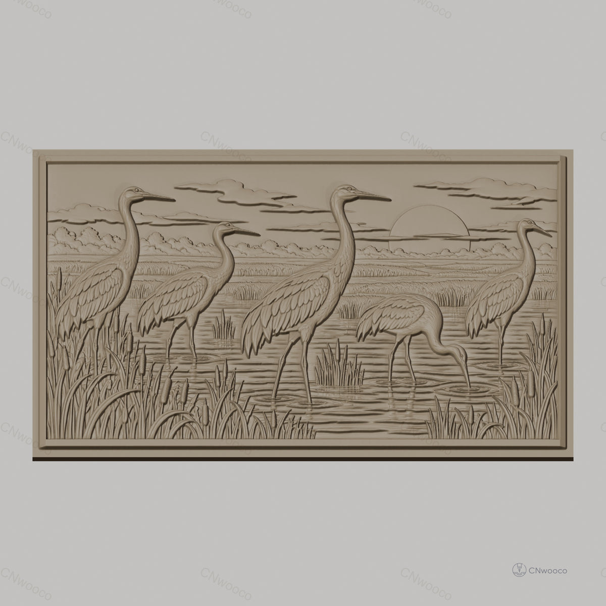 Fichier CNC & impression 3D hérons au coucher de soleil, paysage marécage relief, haute qualité relief STL