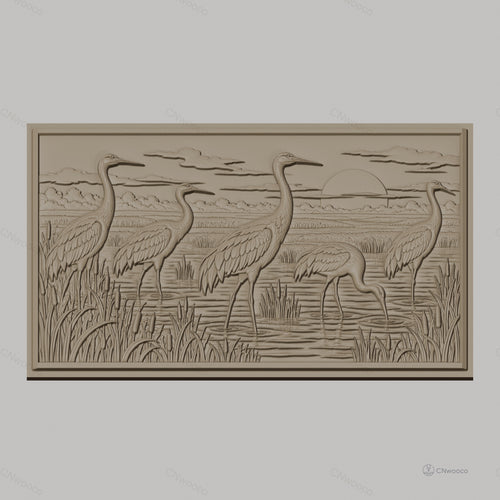 Fichier CNC & impression 3D hérons au coucher de soleil, paysage marécage relief, haute qualité relief STL
