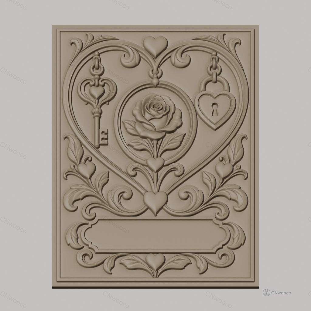 Fichier CNC & impression 3D cœur romantique, rose, clé et cadenas, haute qualité relief STL