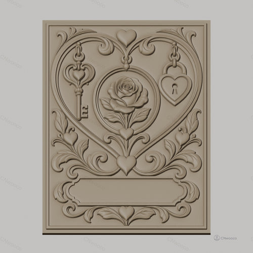 Fichier CNC & impression 3D cœur romantique, rose, clé et cadenas, haute qualité relief STL