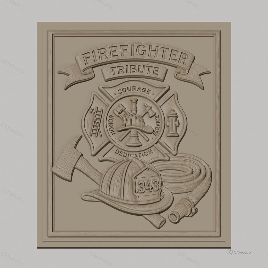 Fichier CNC & impression 3D pompiers, casque, hache, tuyau d'incendie, écusson hommage, haute qualité relief STL