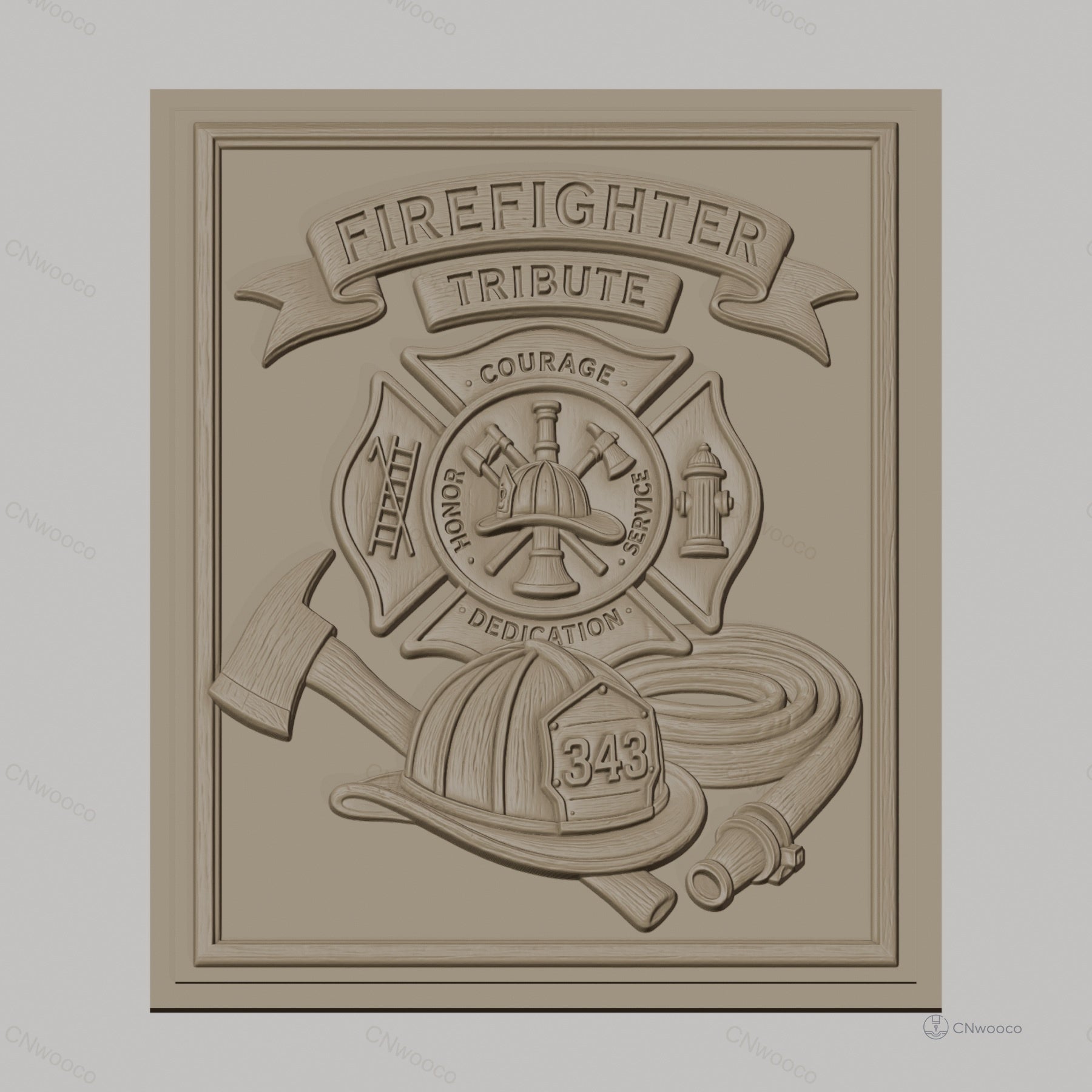 Fichier CNC & impression 3D pompiers, casque, hache, tuyau d'incendie, écusson hommage, haute qualité relief STL