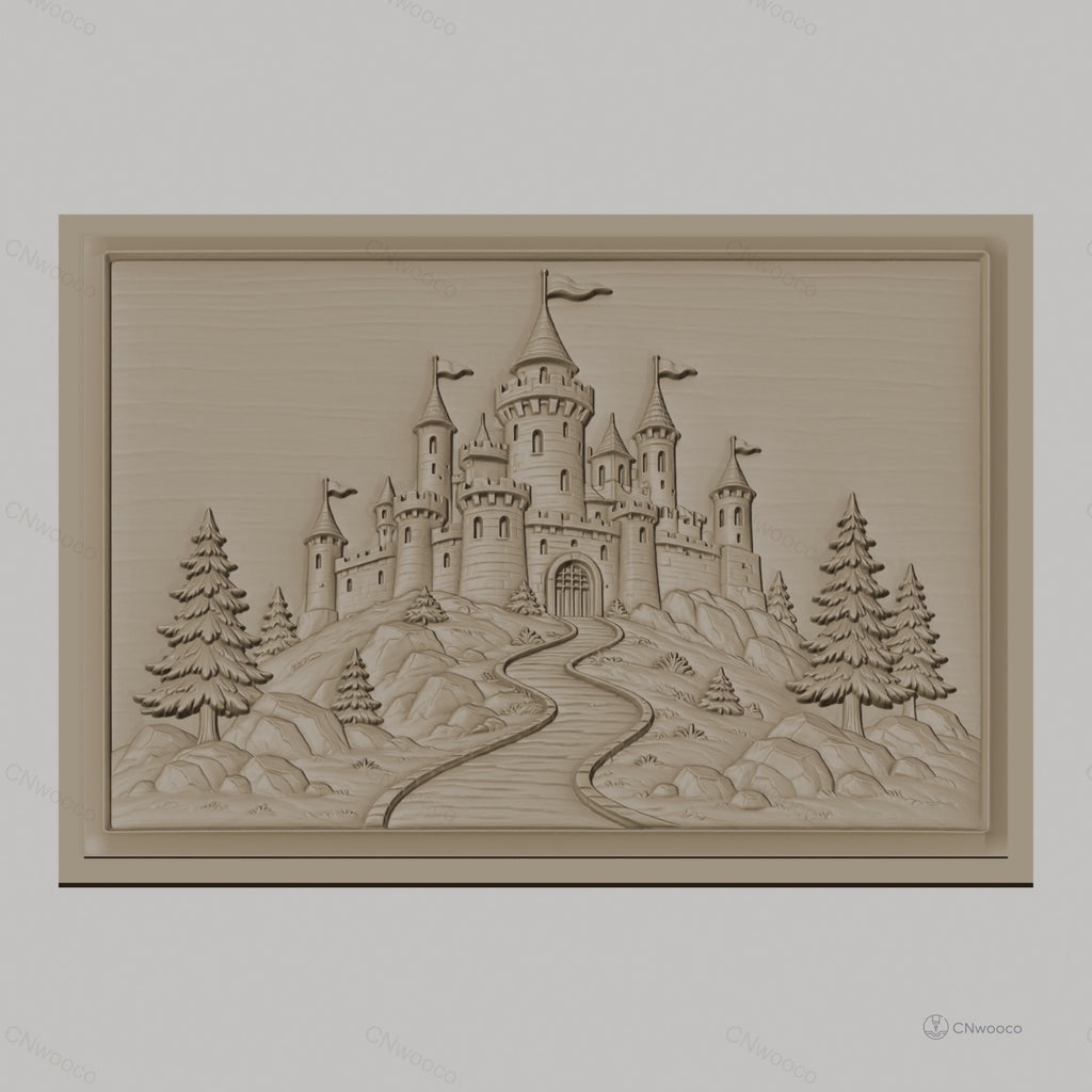 Fichier CNC & impression 3D château féerique, route sinueuse, arbres et rochers, haute qualité relief STL