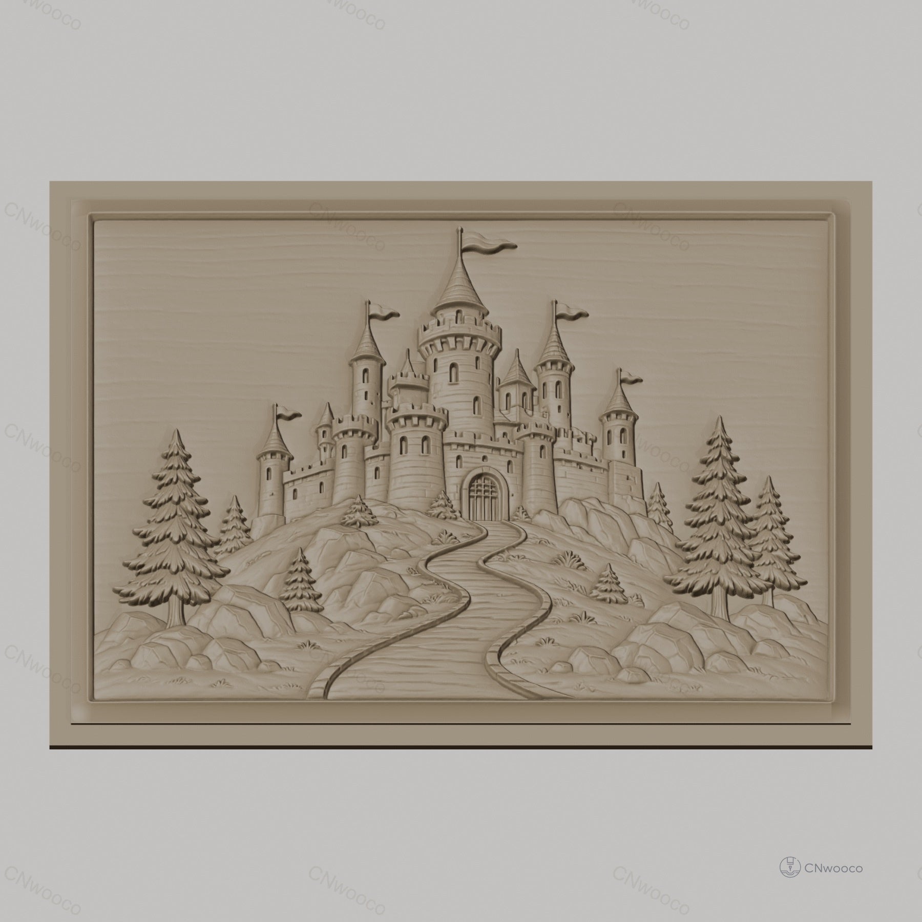 Fichier CNC & impression 3D château féerique, route sinueuse, arbres et rochers, haute qualité relief STL