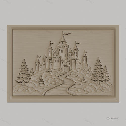 Fichier CNC & impression 3D château féerique, route sinueuse, arbres et rochers, haute qualité relief STL