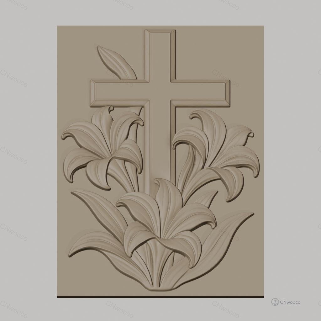 Fichier CNC & impression 3D Croix avec lys et feuilles, haute qualité relief STL