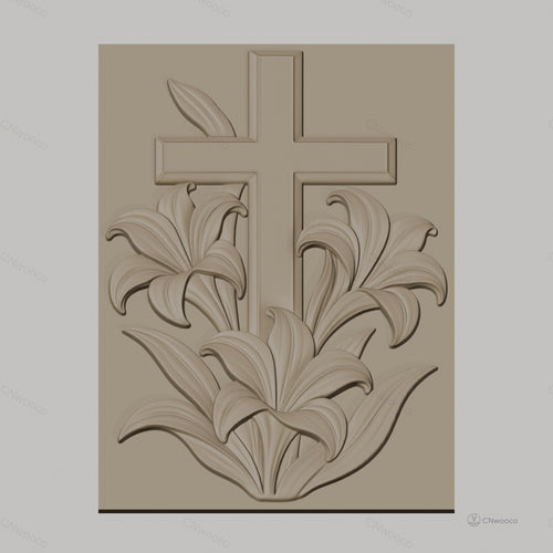 Fichier CNC & impression 3D Croix avec lys et feuilles, haute qualité relief STL