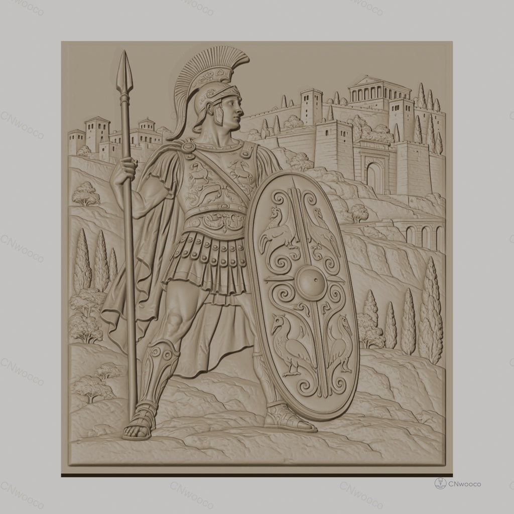 Fichier CNC & impression 3D guerrier romain avec bouclier décoré et lance, château en arrière-plan haute qualité relief STL