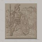 Fichier CNC & impression 3D guerrier romain avec bouclier décoré et lance, château en arrière-plan haute qualité relief STL
