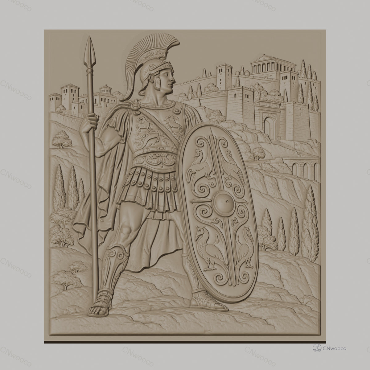 Fichier CNC & impression 3D guerrier romain avec bouclier décoré et lance, château en arrière-plan haute qualité relief STL
