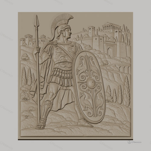 Fichier CNC & impression 3D guerrier romain avec bouclier décoré et lance, château en arrière-plan haute qualité relief STL