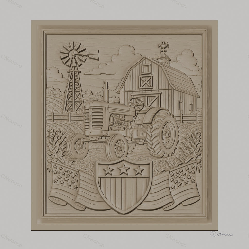 Fichier CNC & impression 3D ferme américaine, tracteur, grange, moulin à vent, drapeaux USA, haute qualité relief STL