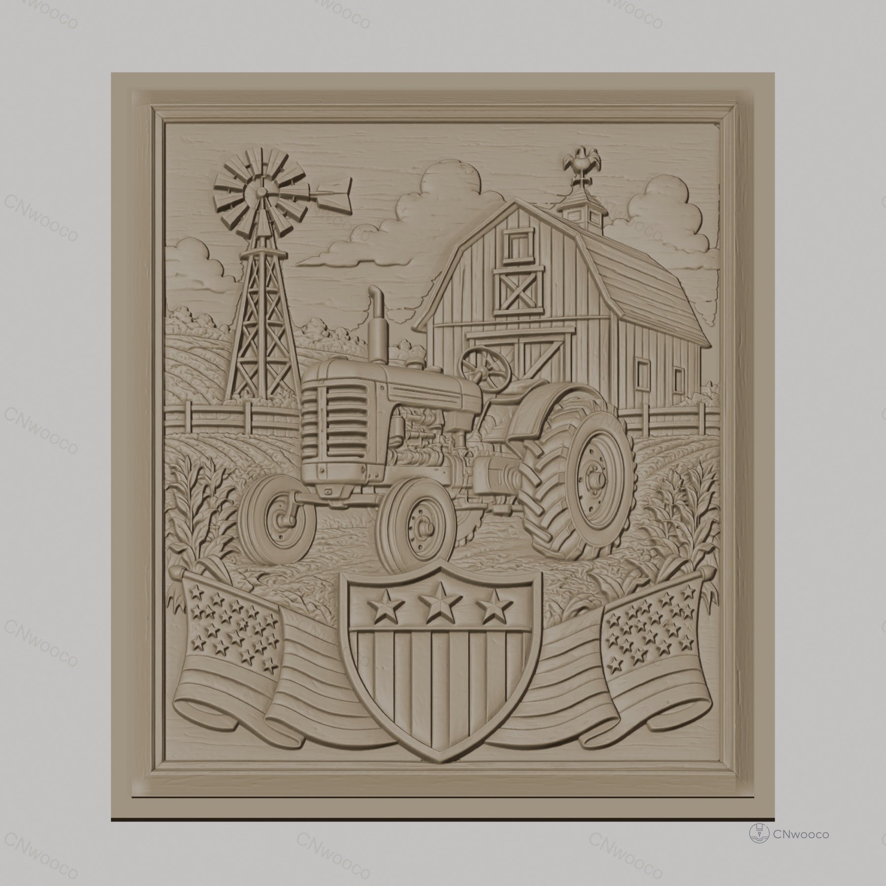 Fichier CNC & impression 3D ferme américaine, tracteur, grange, moulin à vent, drapeaux USA, haute qualité relief STL