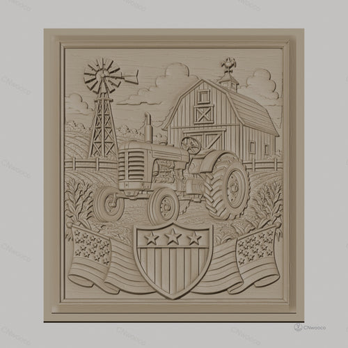 Fichier CNC & impression 3D ferme américaine, tracteur, grange, moulin à vent, drapeaux USA, haute qualité relief STL