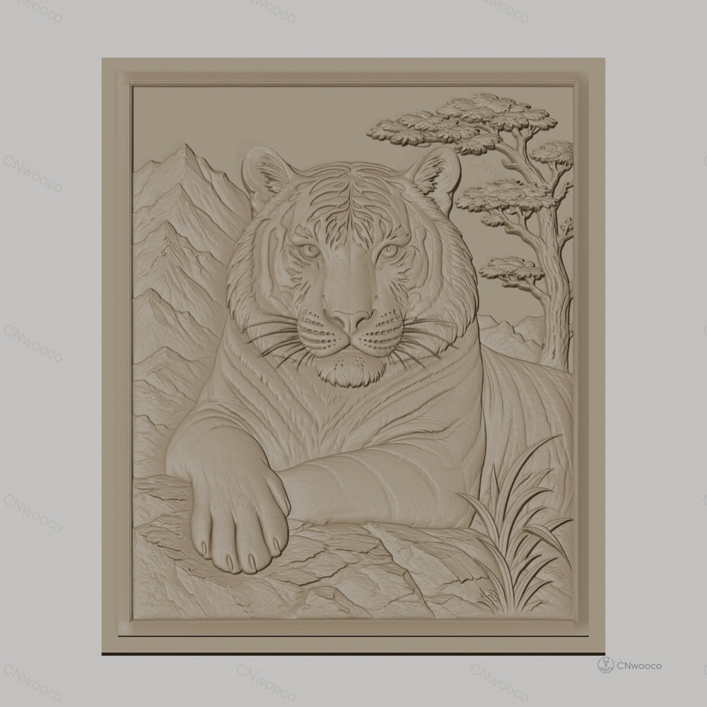 Fichier CNC & impression 3D tigre reposant, relief montagne arbre haute qualité relief STL